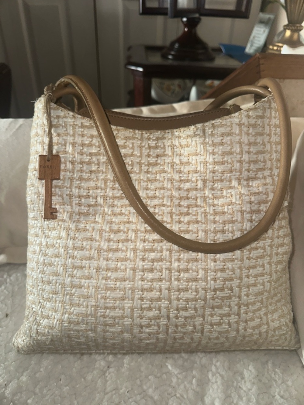 Fossil Ivory Tweed Shoulder Bag with Tan Leather Strap